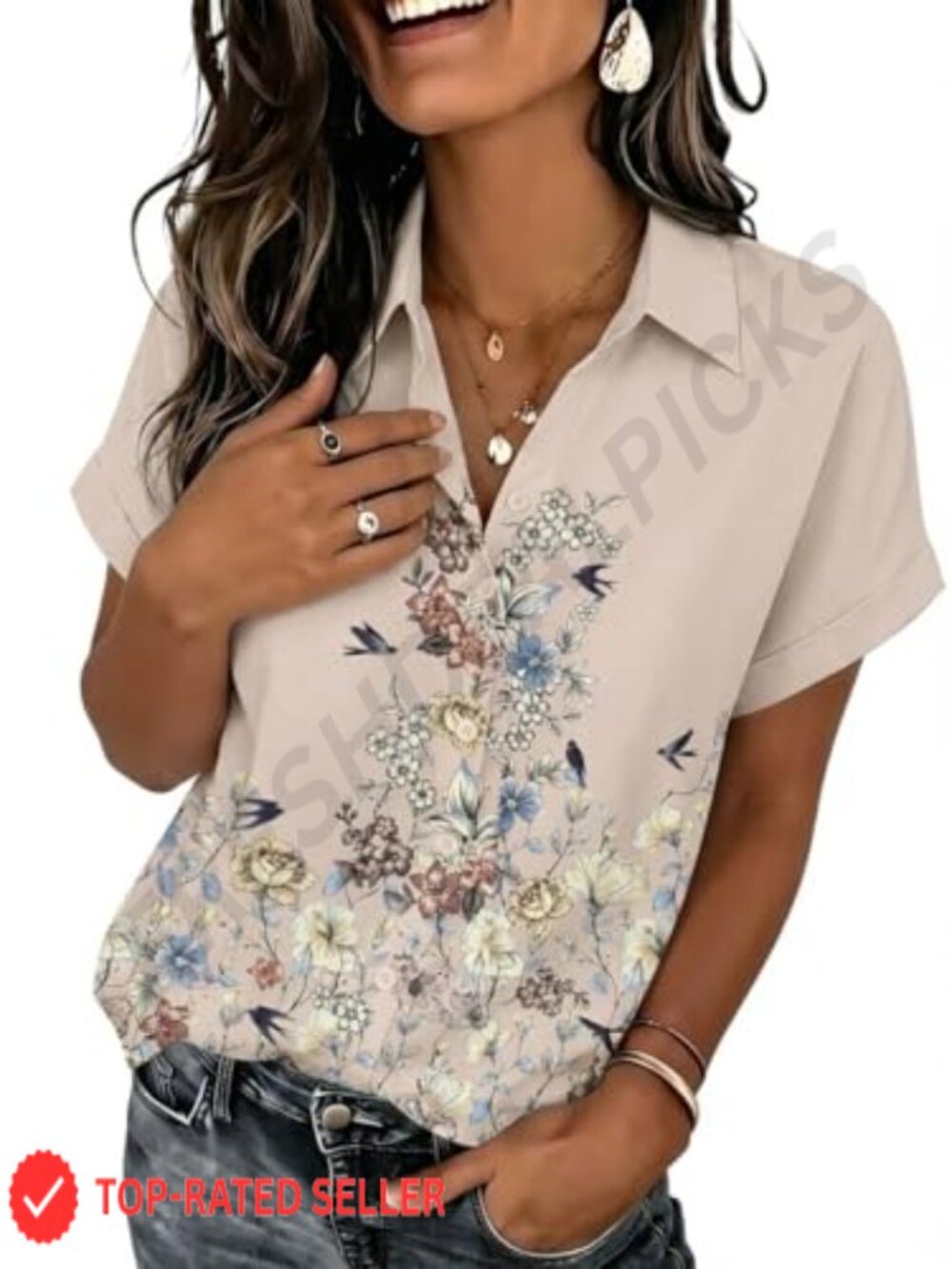 Women's Floral Button Down V Neck Short Sleeve Blouse Casual Top